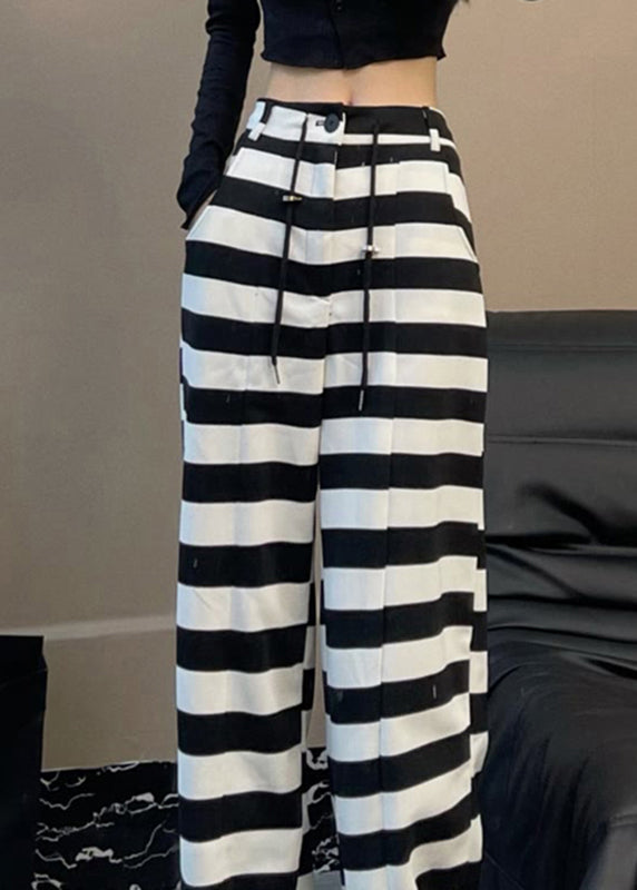 Italian Black White Striped High Waist Drawstring Straight Pants Spring