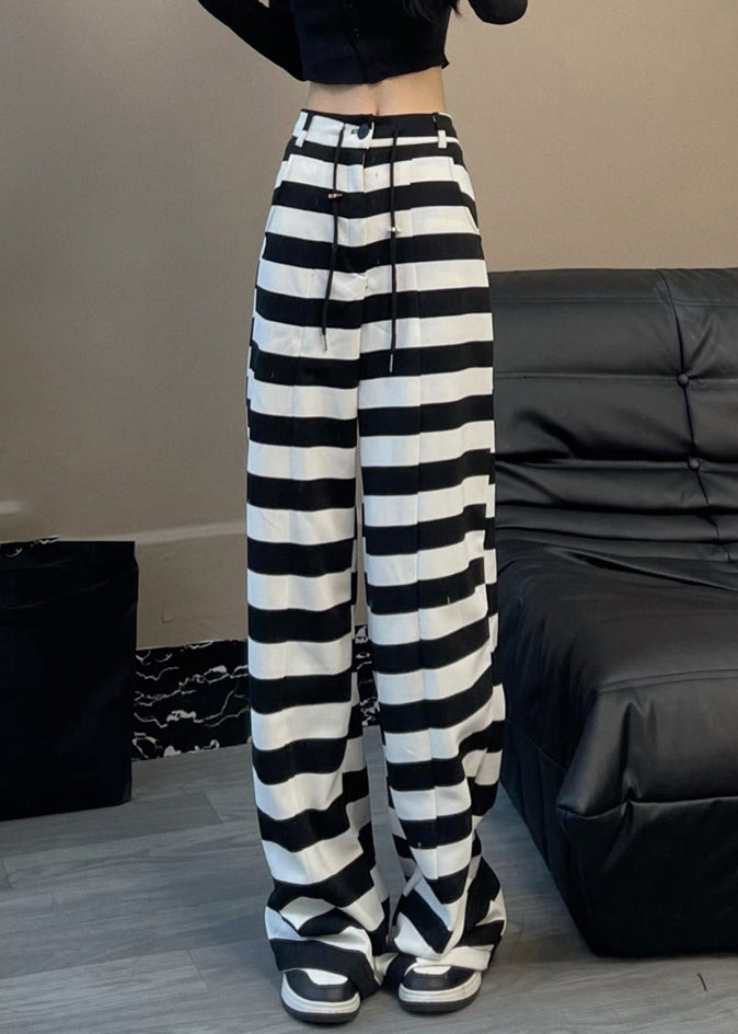 Italian Black White Striped High Waist Drawstring Straight Pants Spring