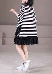 Italian Black White Striped O-Neck Patchwork Ruffled Robe Dresses Short Sleeve