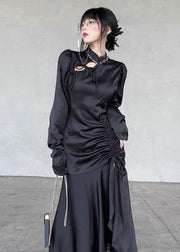 Italian Black Wrinkled Lace Up Side Open Silk Long Dresses Fall