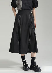 Italian Black Wrinkled Pockets Patchwork Cotton Skirts Fall