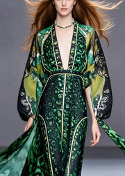 Italian Blackish Green Cinched Print Chiffon Dress Fall