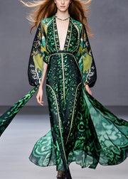 Italian Blackish Green Cinched Print Chiffon Dress Fall