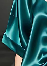 Italian Blue Asymmetrical Lace Up Silk Tops Half Sleeve