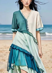 Italian Blue Asymmetrical Patchwork Ruffles Linen Dresses Summer