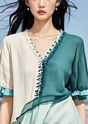 Italian Blue Asymmetrical Patchwork Ruffles Linen Dresses Summer
