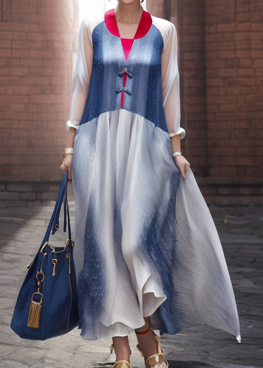 Italian Blue Button Patchwork Silk Maxi Dresses Long Sleeve
