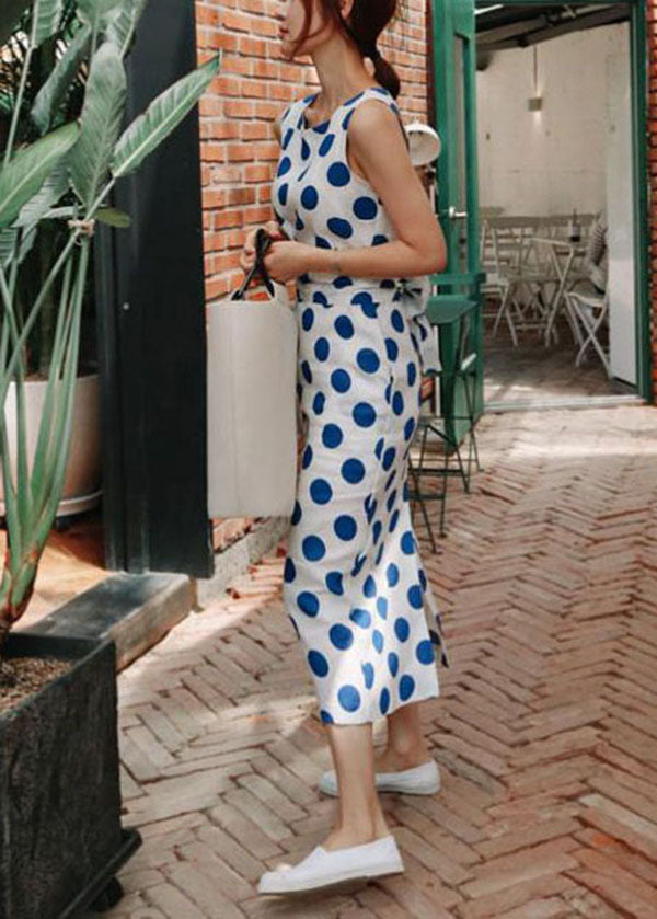 Italian Blue Dot Print Cinched Side Open Cotton Maxi Dresses Sleeveless