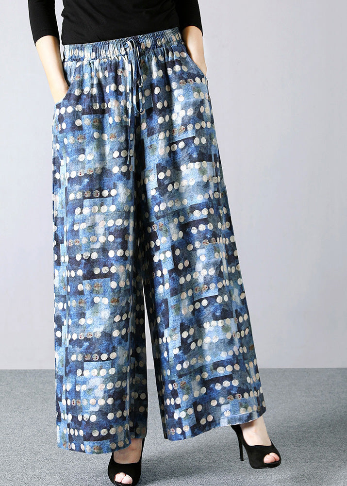 Italian Blue Dot Print Elastic Waist Tie Waist Linen Crop Straight Pants Summer