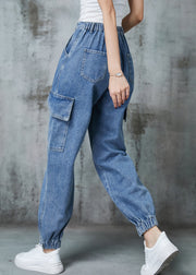 Italian Blue Elastic Waist Pockets Denim Pants Spring