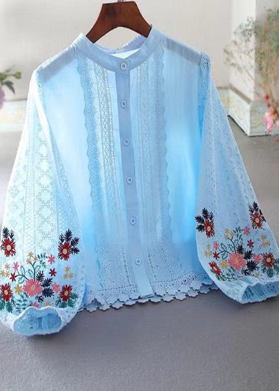 Italian Blue Embroidered Patchwork Lace Top Spring