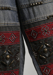 Italian Blue Embroidered Pockets Patchwork Denim Pants Spring