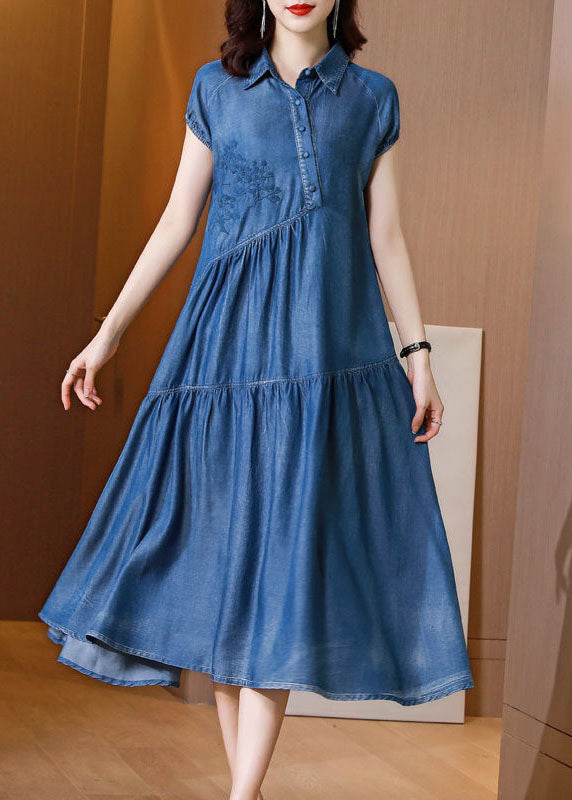 Italian Blue Embroideried Patchwork Exra Large Hem Denim Dress Summer