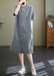 Italian Blue Grey Stand Collar Striped Denim Shirt Dress Summer