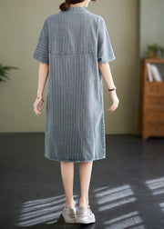 Italian Blue Grey Stand Collar Striped Denim Shirt Dress Summer