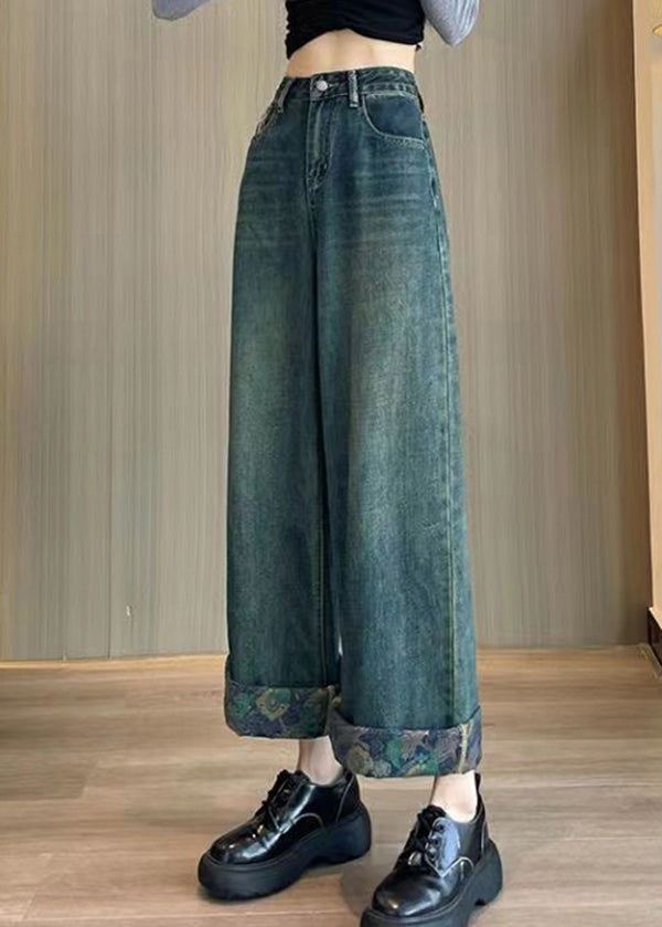 Italian Blue High Waist Edge Curl Denim Wide Leg Pants Spring