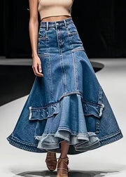 Italian Blue High Waist Patchwork Denim A Line Skirts Summer