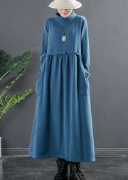 Italian Blue Hign Neck Lace Up Patchwork Cotton Long Dresses Fall