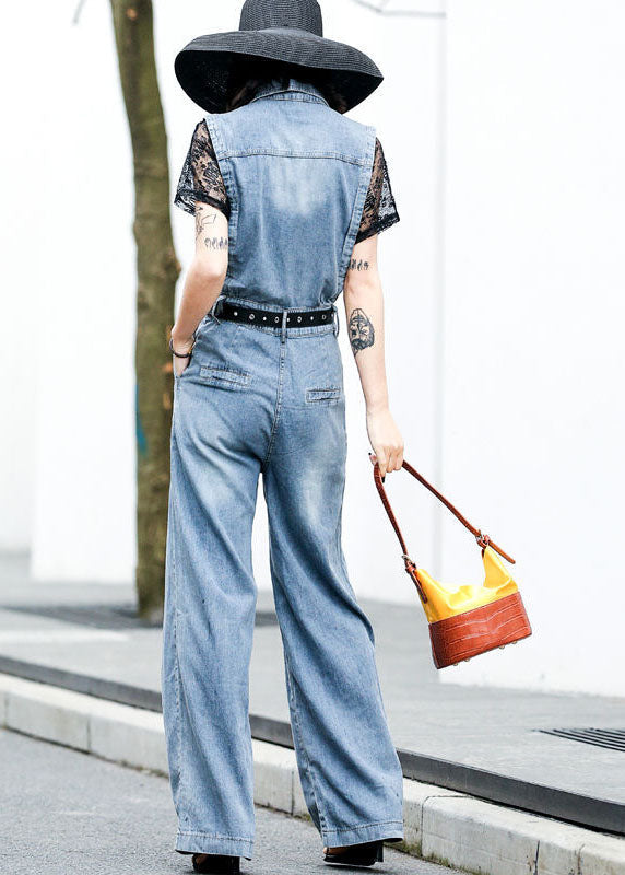 Italian Blue Hollow Out Patchwork Lace Denim Jumpsuit Short Sleeve