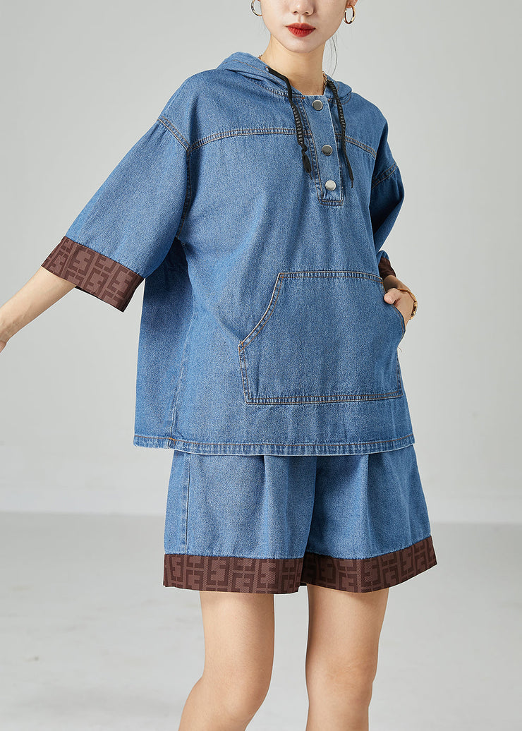 Italian Blue Hooded Patchwork Denim Two Pieces Set Summer