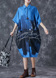 Italian Blue Inkwash Painting Cotton Shirt Dress Summer