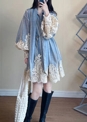 Italian Blue Lace Patchwork Cotton Shirts Dress Fall