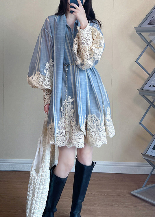 Italian Blue Lace Patchwork Cotton Shirts Dress Spring