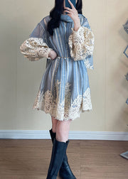 Italian Blue Lace Patchwork Cotton Shirts Dress Fall