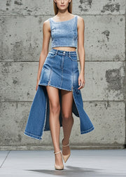 Italian Blue Low High Design Denim Skirts Fall