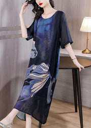 Italian Blue O Neck Print Patchwork Slim Silk Dresses Summer