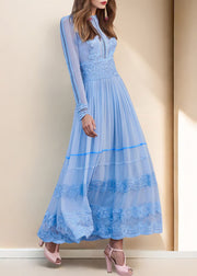 Italian Blue O Neck Wrinkled Lace Patchwork Chiffon Dresses Spring