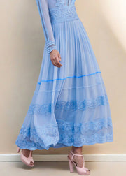 Italian Blue O Neck Wrinkled Lace Patchwork Chiffon Dresses Spring