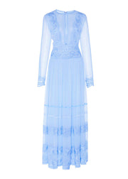 Italian Blue O Neck Wrinkled Lace Patchwork Chiffon Dresses Spring