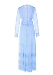 Italian Blue O Neck Wrinkled Lace Patchwork Chiffon Dresses Spring