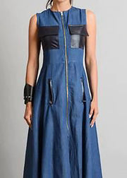 Italian Blue O Neck Zippered Patchwork Denim Maxi Dresses Sleeveless