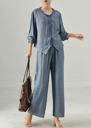 Italian Blue Oversized Chinese Button Linen 2 Piece Outfit Summer