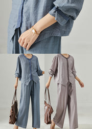 Italian Blue Oversized Chinese Button Linen 2 Piece Outfit Summer