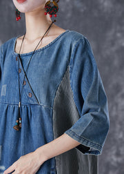 Italian Blue Oversized Patchwork Striped Denim Dresses Half Sleeve