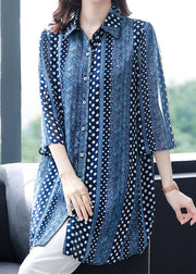 Italian Blue Peter Pan Collar Print Patchwork Chiffon Shirts Tops Bracelet Sleeve