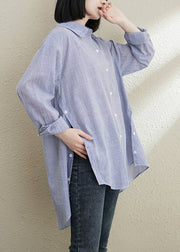 Italian Blue Peter Pan Collar Striped Cotton Shirt Tops Spring