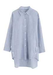 Italian Blue Peter Pan Collar Striped Cotton Shirt Tops Spring