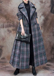 Italian Blue Plaid Pockets Patchwork Cotton Long Coats Winter