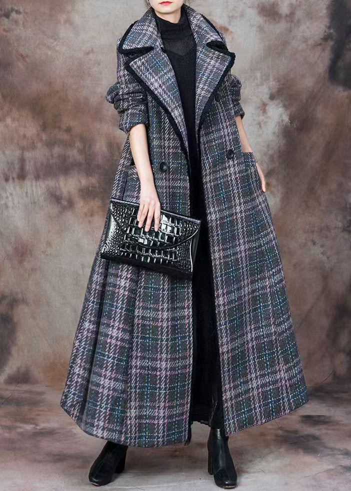 Italian Blue Plaid Pockets Patchwork Cotton Long Coats Winter