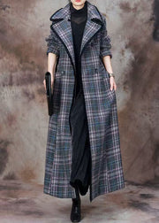 Italian Blue Plaid Pockets Patchwork Cotton Long Coats Winter