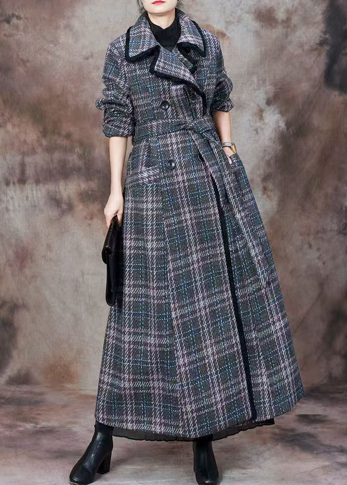 Italian Blue Plaid Pockets Patchwork Cotton Long Coats Winter