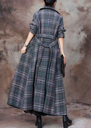 Italian Blue Plaid Pockets Patchwork Cotton Long Coats Winter