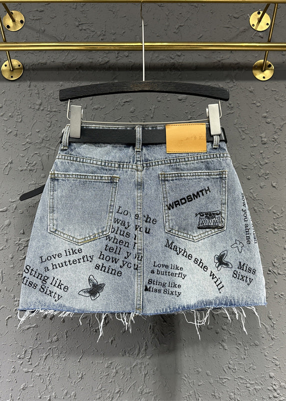 Italian Blue Pockets Letter Print Patchwork Denim Skirt Fall