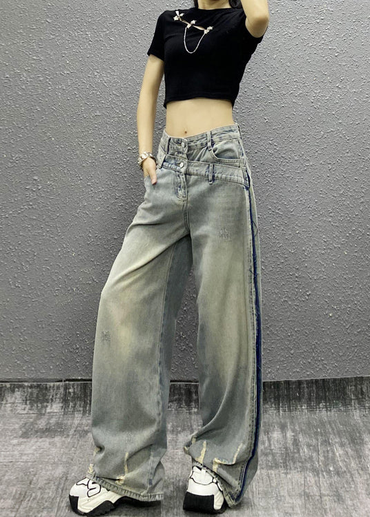 Italian Blue Pockets Patchwork Denim Wide Leg Pants Fall