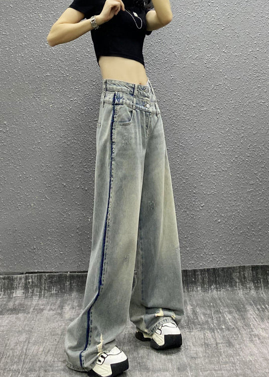 Italian Blue Pockets Patchwork Denim Wide Leg Pants Fall