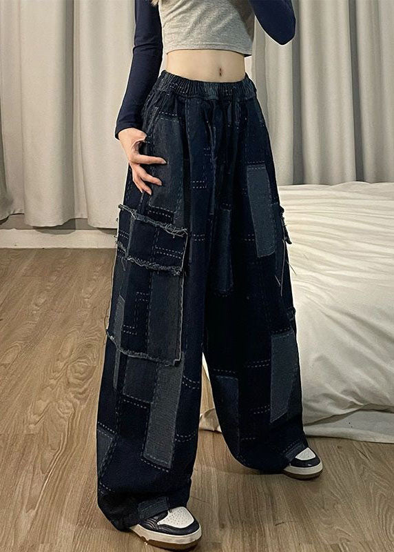 Italian Blue Pockets Patchwork Denim Wide Leg Pants Spring